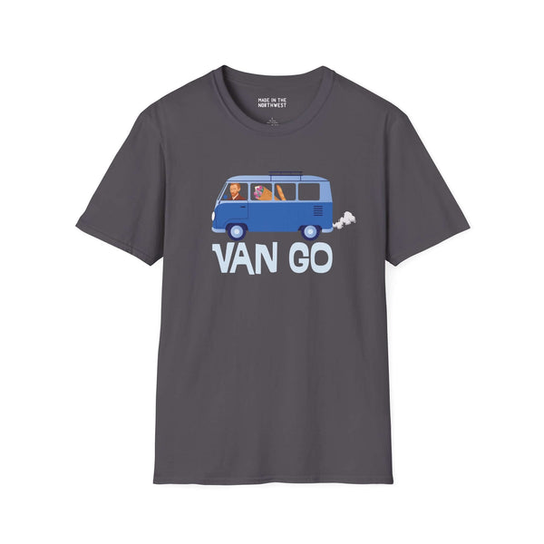 Vincent in a Van Go Softstyle T-Shirt featuring a blue VW van and art-inspired design for creative road trip lovers.