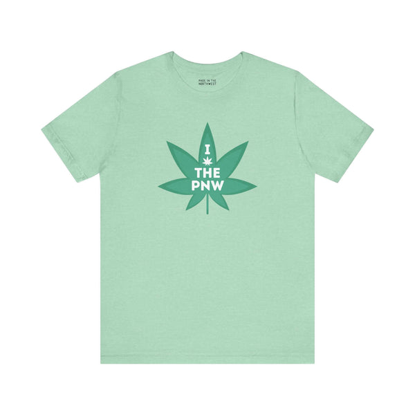 Green tee with marijuana leaf graphic and 