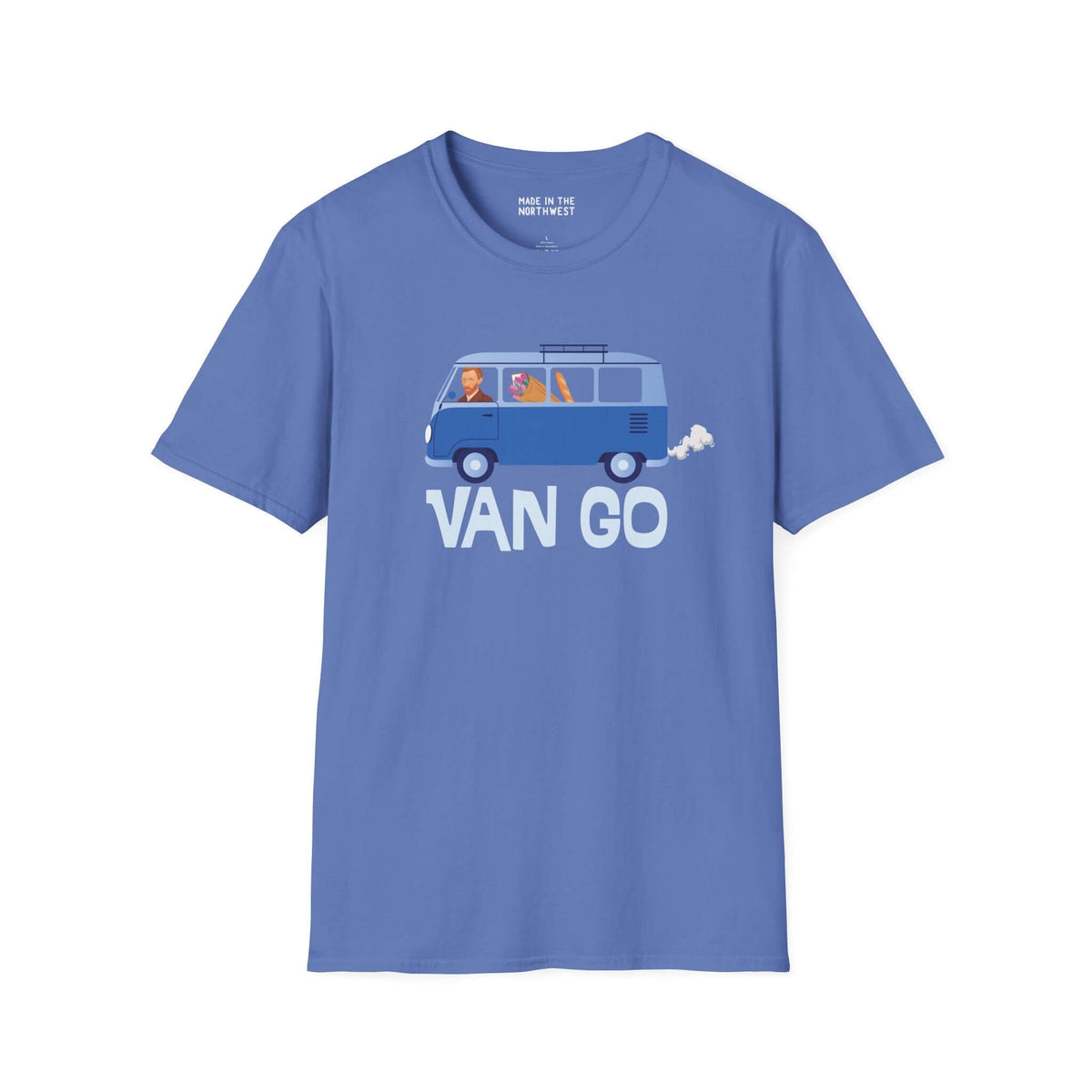 Vincent in a Van Go Softstyle T-Shirt featuring a VW van illustration with a playful art theme.