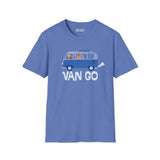Vincent in a Van Go Softstyle T-Shirt featuring a VW van illustration with a playful art theme.