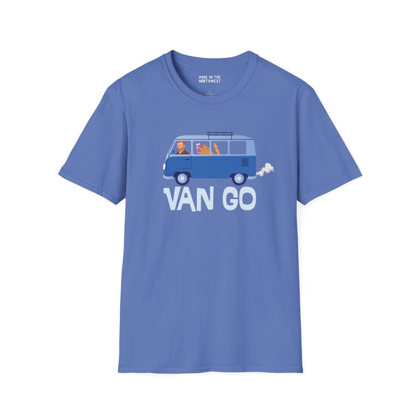 Vincent in a Van Go Softstyle T-Shirt featuring a VW van illustration with a playful art theme.