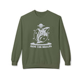 Save the Whales sweatshirt in olive green featuring a whale and stars illustration.