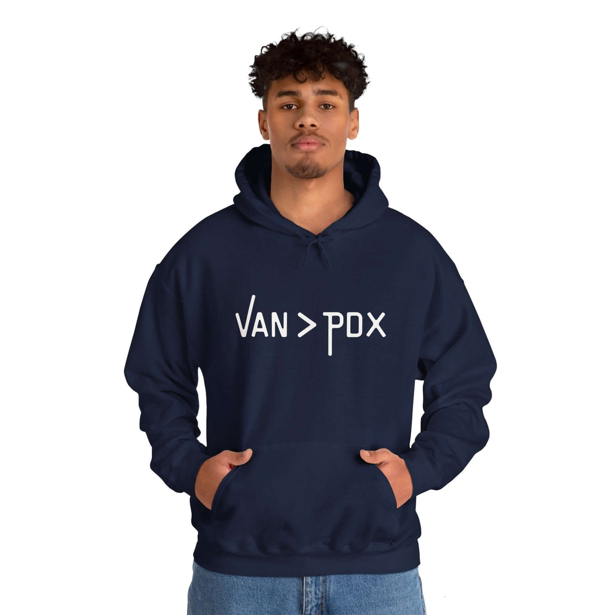 Navy VAN > PDX hoodie showcasing Vancouver's charm over Portland's perks.