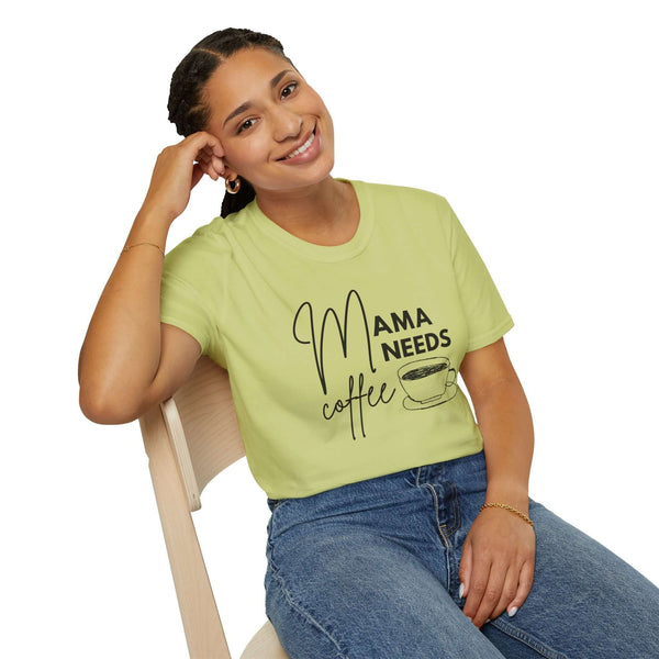 Mama Needs Coffee T Shirt displayed on a smiling woman wearing a yellow tee with a coffee cup design.