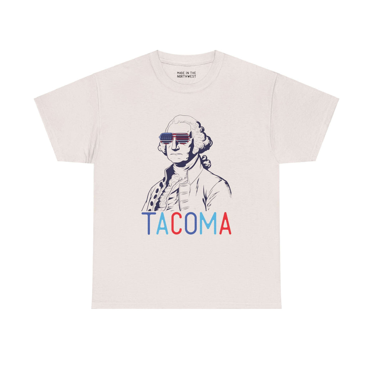 "Tacoma patriotic tee with George Washington wearing USA sunglasses, perfect for Fourth of July celebrations and hometown pride."