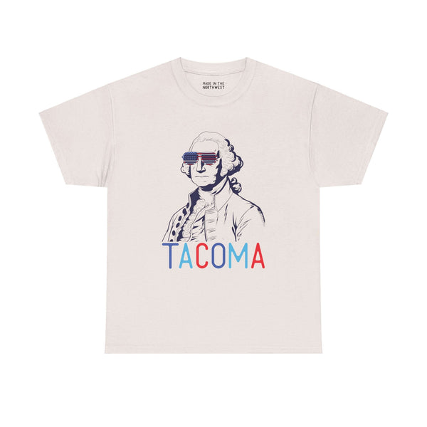 "Tacoma patriotic tee with George Washington wearing USA sunglasses, perfect for Fourth of July celebrations and hometown pride."