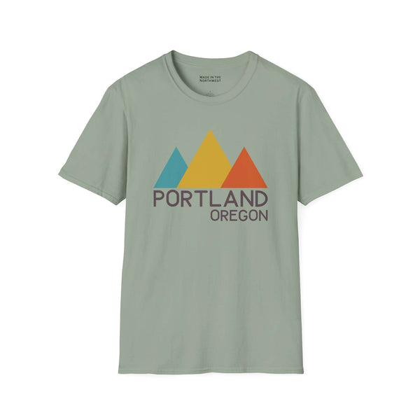 Modern Peaks Portland T Shirt featuring minimalist mountain design with colorful triangles and text.