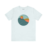 Pacific Peaks Modern Circle Soft Tee with mountain design in a circle, vibrant colors, captures Pacific Northwest style.