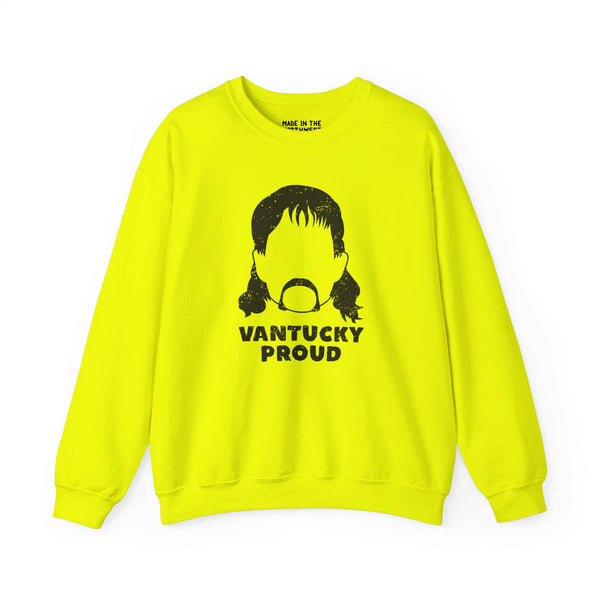 Bright yellow Vantucky Proud sweatshirt featuring Rusty McCoy's graphic design, embodying hardworking spirit.
