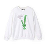 White sweatshirt with green bong and marijuana leaf graphic, Toke It Easy text, embodying PNW cannabis culture.