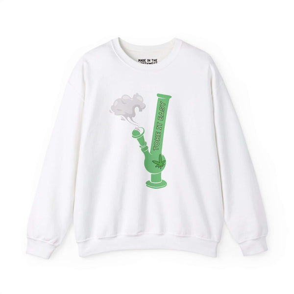 White sweatshirt with green bong and marijuana leaf graphic, Toke It Easy text, embodying PNW cannabis culture.