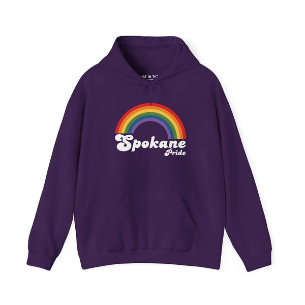 Retro Spokane Pride hoodie with colorful rainbow design, celebrating love and inclusivity in the LGBTQ+ community.