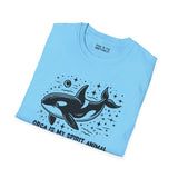 Light blue t-shirt with 'Orca Is My Spirit Animal' design featuring an illustrated orca and ocean motifs.