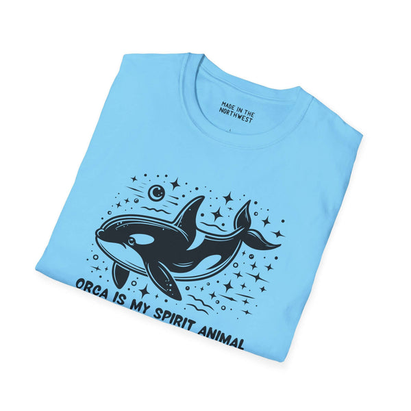Light blue t-shirt with 'Orca Is My Spirit Animal' design featuring an illustrated orca and ocean motifs.