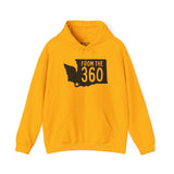 Yellow hoodie featuring Washington state silhouette and bold text 'FROM THE 360', representing Vancouver.