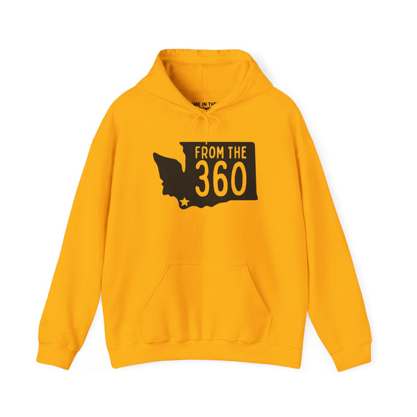 Yellow hoodie featuring Washington state silhouette and bold text 'FROM THE 360', representing Vancouver.