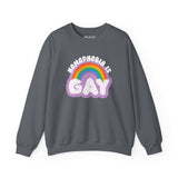 Gray sweatshirt with 'Homophobia Is Gay' text and rainbow design for LGBTQ+ pride and style.