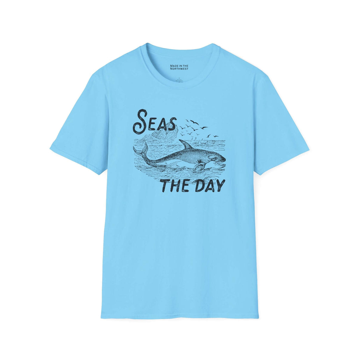 Seas the Day T Shirt in blue featuring ocean fish graphic, perfect for ocean lovers and coastal adventures.