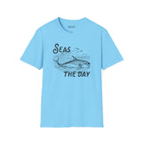 Seas the Day T Shirt in blue featuring ocean fish graphic, perfect for ocean lovers and coastal adventures.