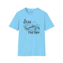 Seas the Day T Shirt in blue featuring ocean fish graphic, perfect for ocean lovers and coastal adventures.