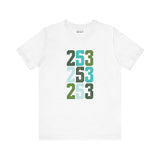 Two-Five-Three Premium Soft Tee featuring stacked bold numbers in vibrant greens and blues on a white shirt.
