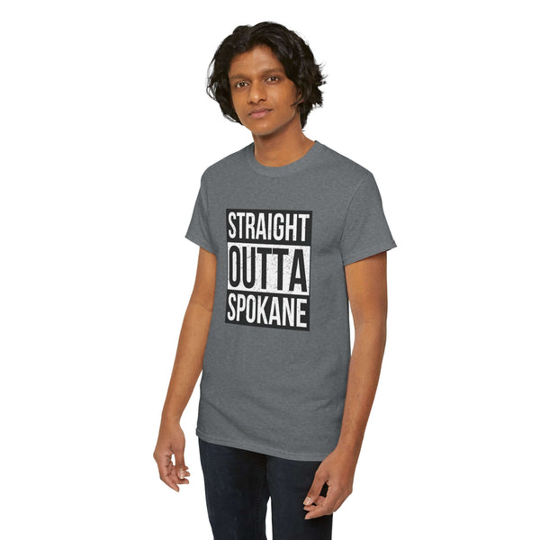 Person wearing a "Straight Outta Spokane" athletic tee, showcasing city pride with a streetwear vibe.