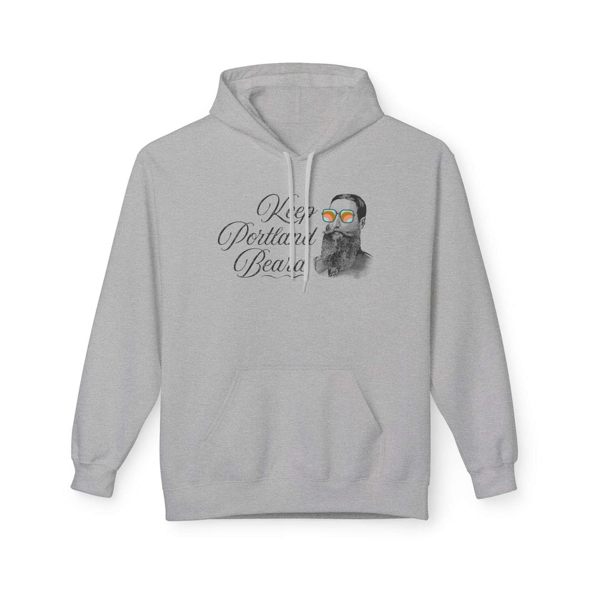 Keep Portland Beard Hoodie featuring a vintage bearded man in funky sunglasses on a gray sweatshirt.