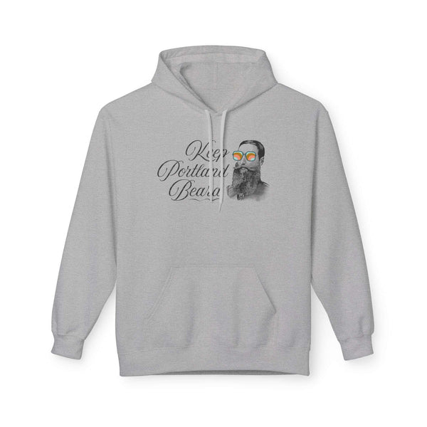 Keep Portland Beard Hoodie featuring a vintage bearded man in funky sunglasses on a gray sweatshirt.