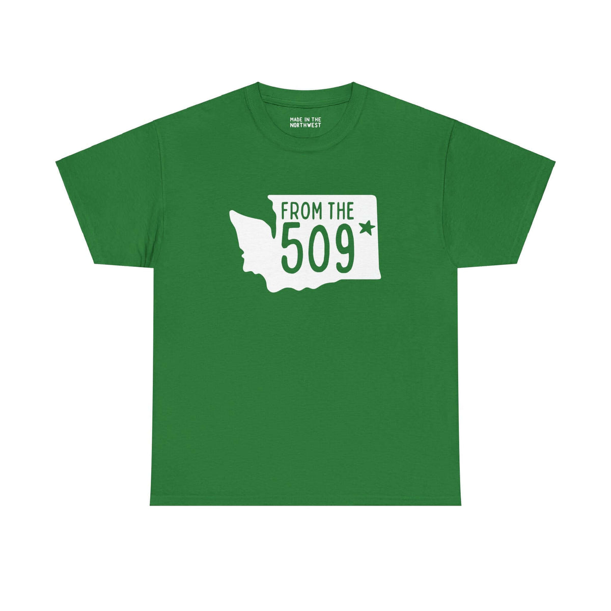 Green "From the 509" athletic tee with Washington state silhouette and star marking Spokane.