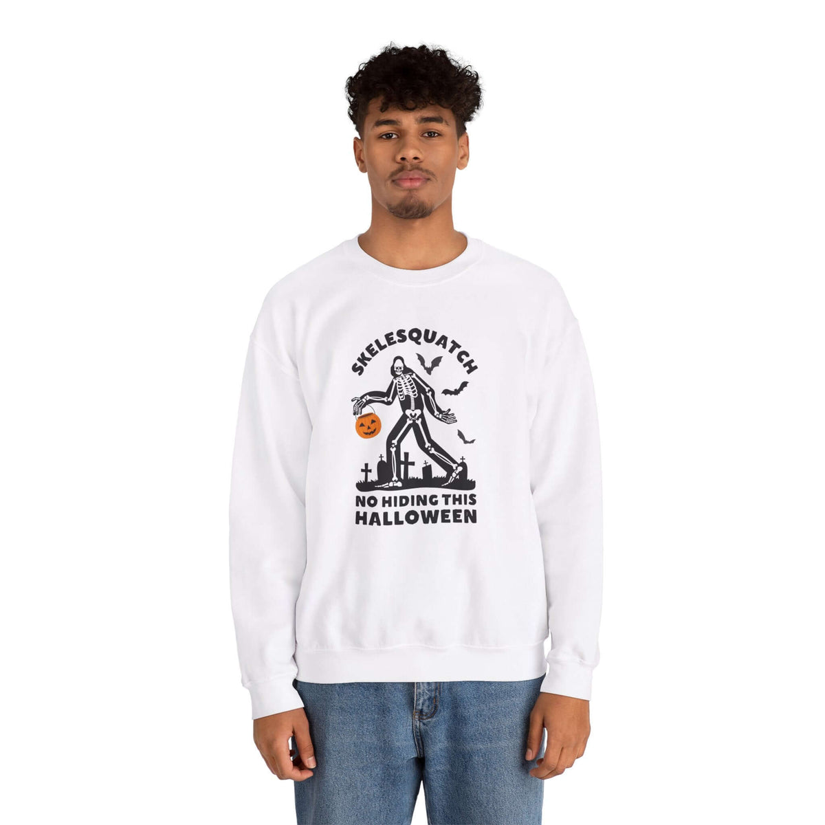Skelesquatch No Hiding This Halloween sweatshirt featuring skeleton Sasquatch in graveyard, perfect for spooky vibes.