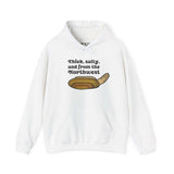 White hoodie featuring a geoduck graphic and text 'Thick, salty, and from the Northwest' for seafood lovers.