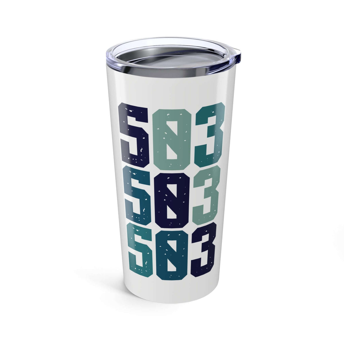 503 Area Code Coffee Tumbler featuring the Portland area code design in blue and green.