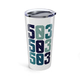 503 Area Code Coffee Tumbler featuring the Portland area code design in blue and green.
