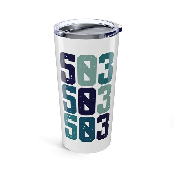 503 Area Code Coffee Tumbler featuring the Portland area code design in blue and green.