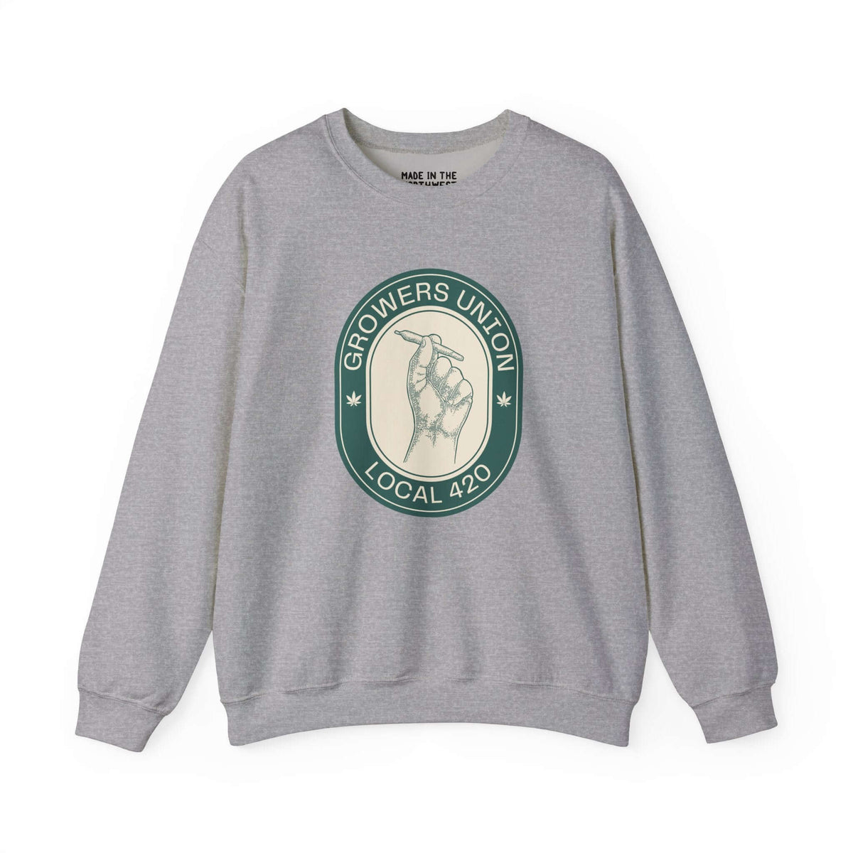 Grower's Union Local 420 sweatshirt in gray with a hand holding a joint illustration and union logo.