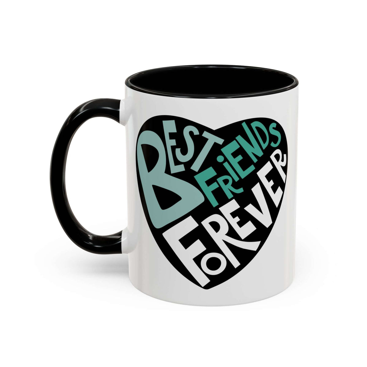Best Friends Forever Mug with a playful heart design in turquoise and white against a glossy black handle.