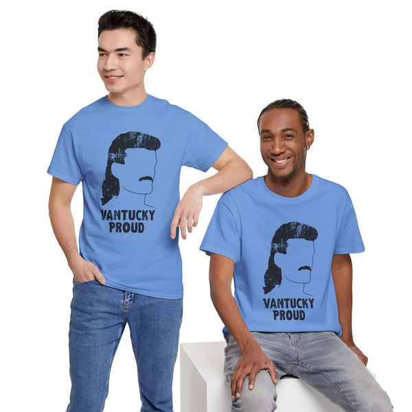 Two men wearing blue Vantucky Proud Billy Ray Slammer athletic tees, smiling and showcasing the energetic design.