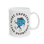More Espresso Less Depresso Mug featuring a playful cartoon coffee cup design on a glossy white ceramic mug.