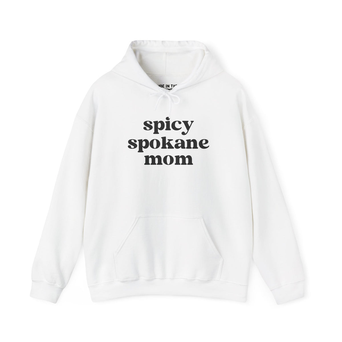 Cozy white hoodie with 'spicy spokane mom' text, perfect for active moms enjoying Spokane's outdoors.