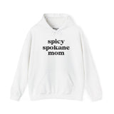 Cozy white hoodie with 'spicy spokane mom' text, perfect for active moms enjoying Spokane's outdoors.