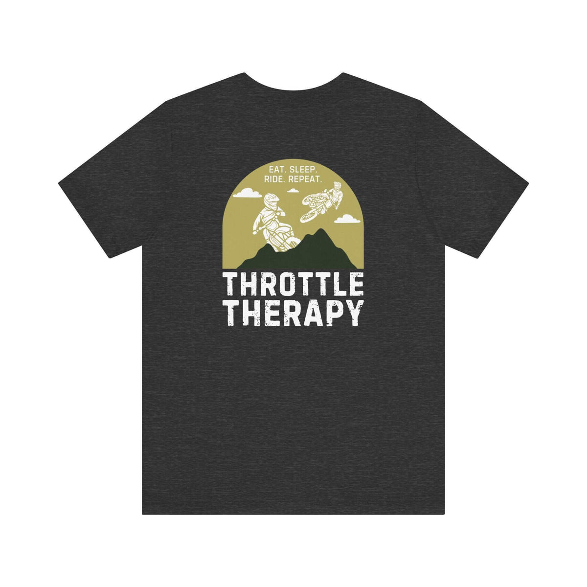 Throttle Therapy soft tee with dirt bikers jumping against mountain backdrop, perfect for motocross enthusiasts seeking adventure.