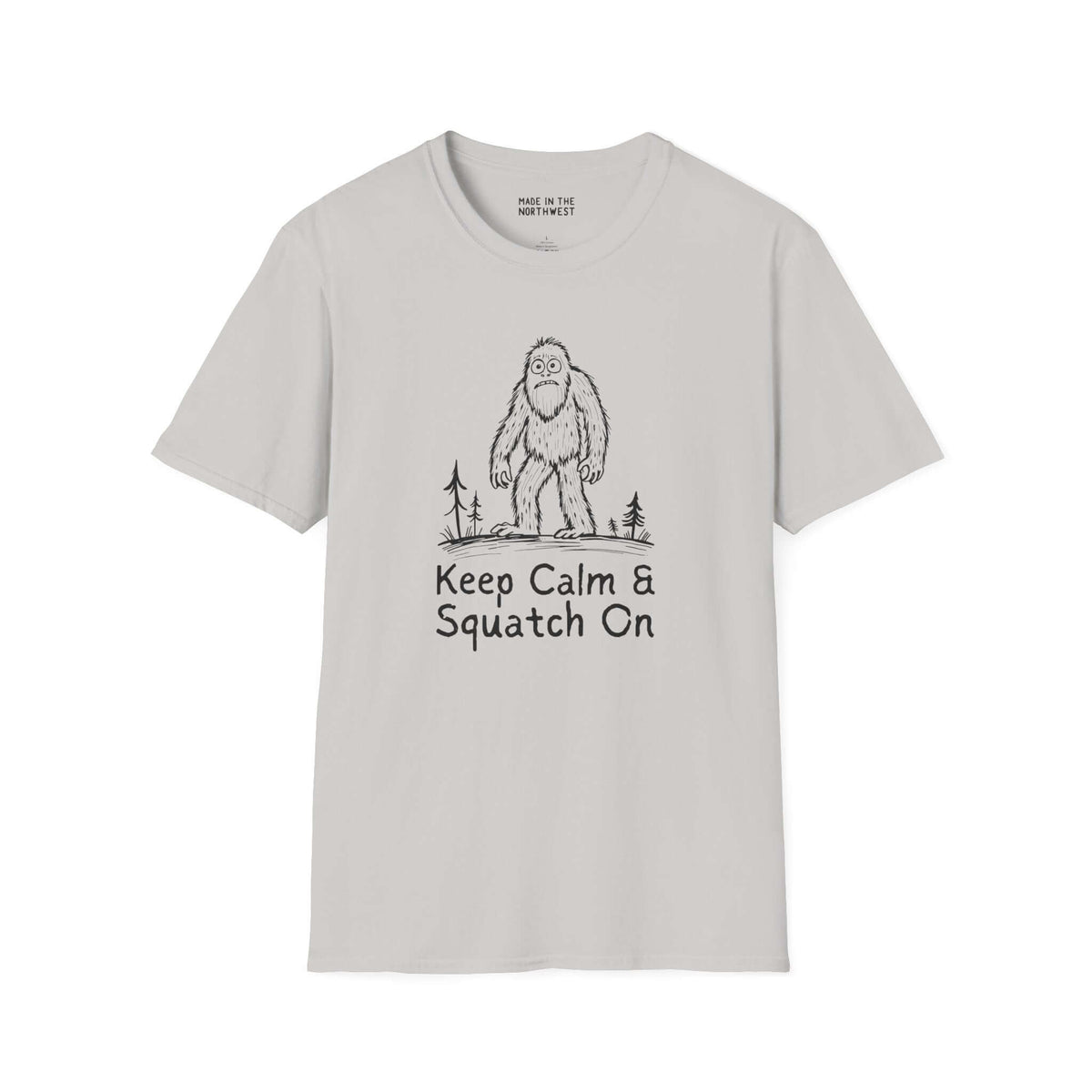 Keep Calm & Squatch On Bigfoot softstyle t-shirt featuring a Sasquatch graphic and forest design.