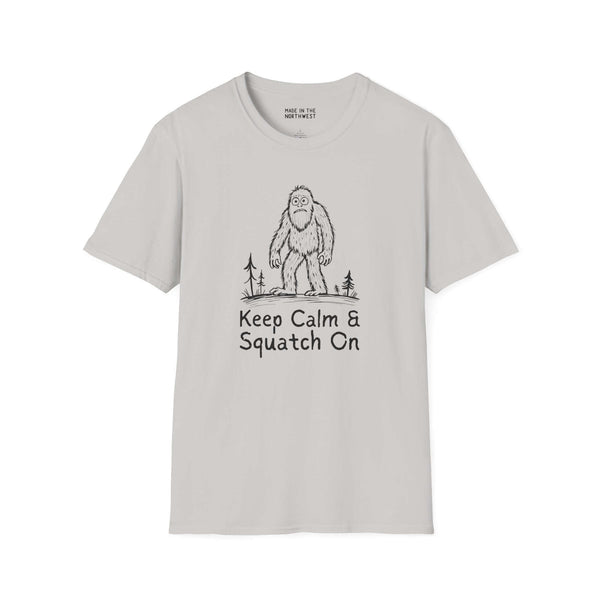 Keep Calm & Squatch On Bigfoot softstyle t-shirt featuring a Sasquatch graphic and forest design.