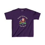 Purple kids' tee with gnome design and quote 