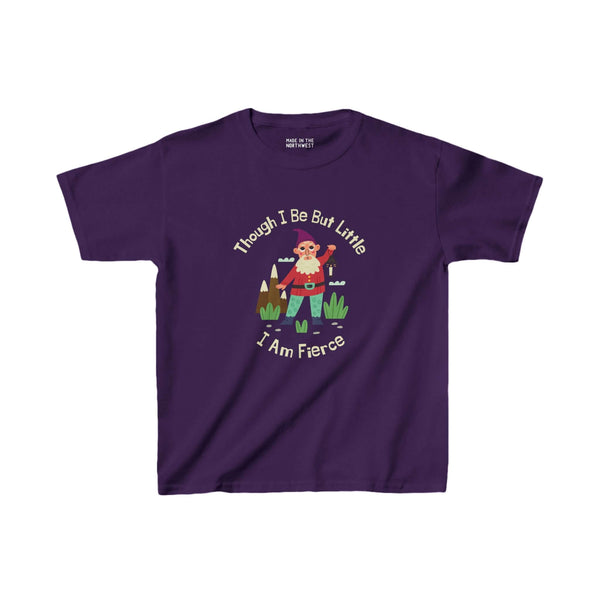 Purple kids' tee with gnome design and quote "Though I Be Little, I Am Fierce," inspired by Shakespeare, playful and adventurous.