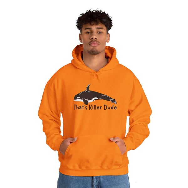 Orange hoodie featuring orca design and text 'That's Killer Dude', perfect for marine life lovers.