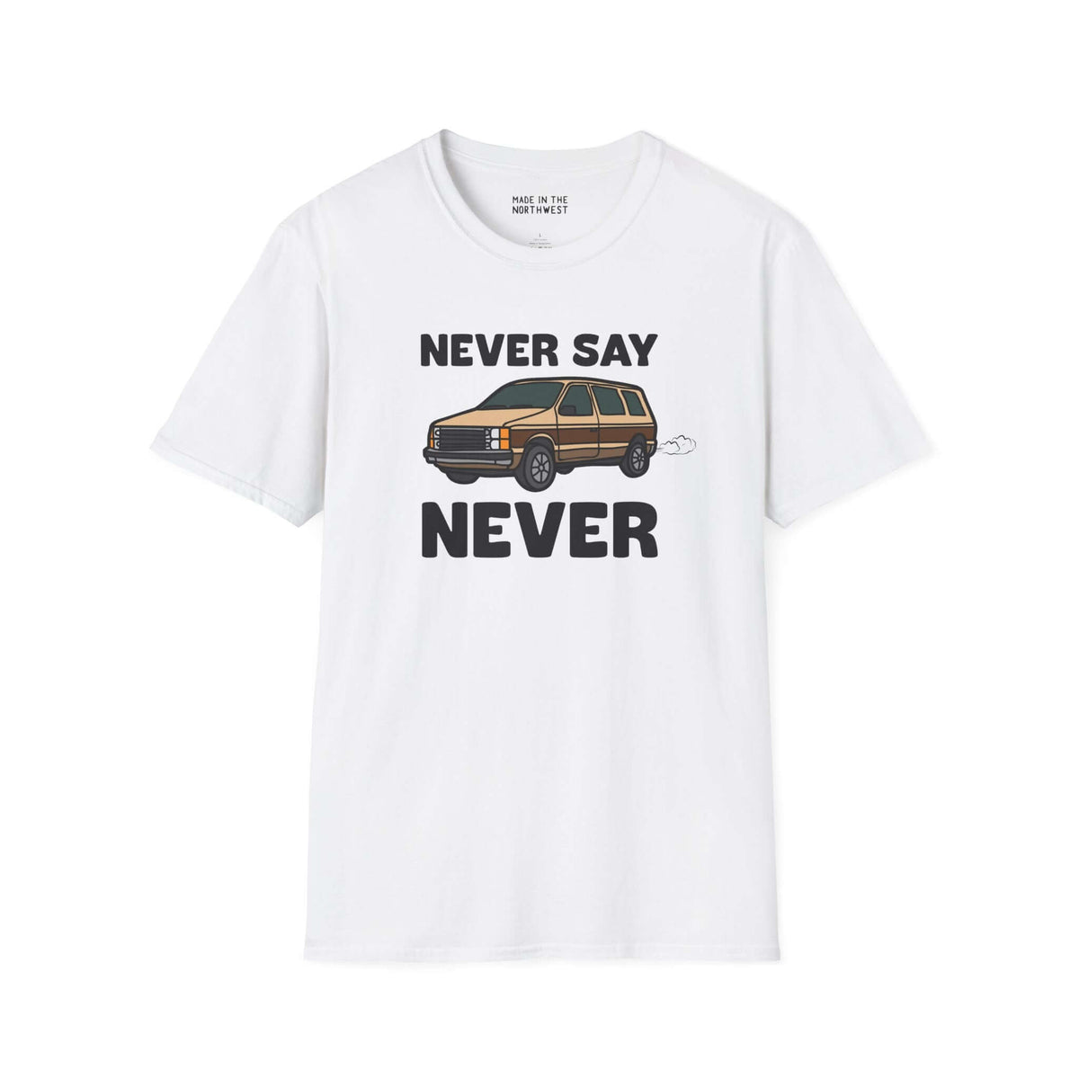 Never Say Never Vintage Van Softstyle T-Shirt featuring a Dodge Caravan graphic on a white background.