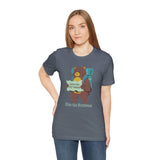 Woman wearing Bear's Big Northwest Adventure tee with bear graphic, map, and 