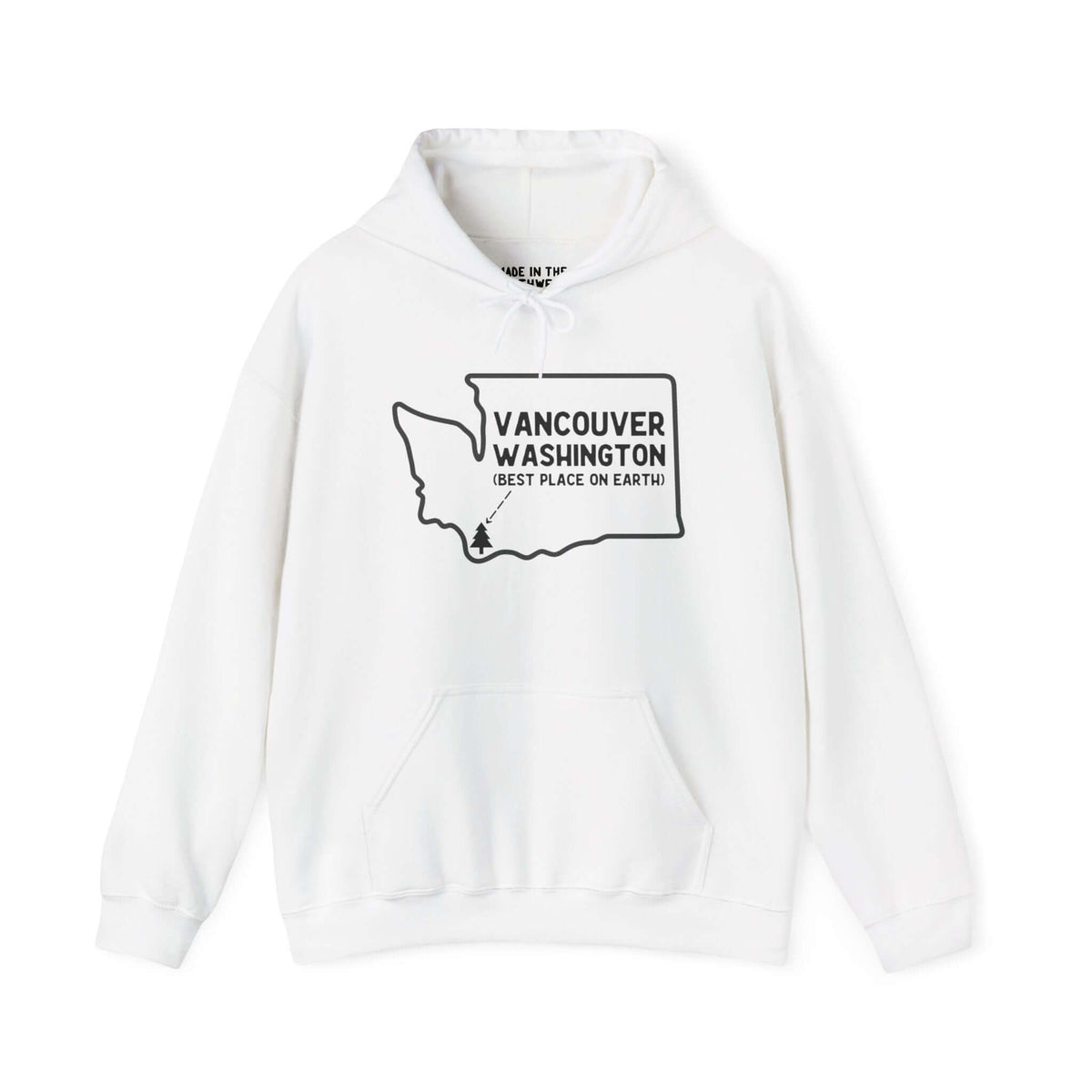 Vancouver Washington hoodie with state graphic and "Best Place on Earth" text, perfect for showing hometown pride.