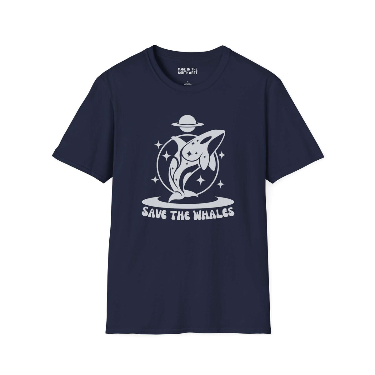 Navy Save the Whales orca softstyle t-shirt with mystical graphic design, promoting marine life conservation.